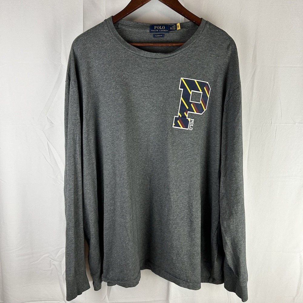 Polo Ralph Lauren Big P Varsity Gray Mens Long Sleeve Crewneck T Shirt XXL
